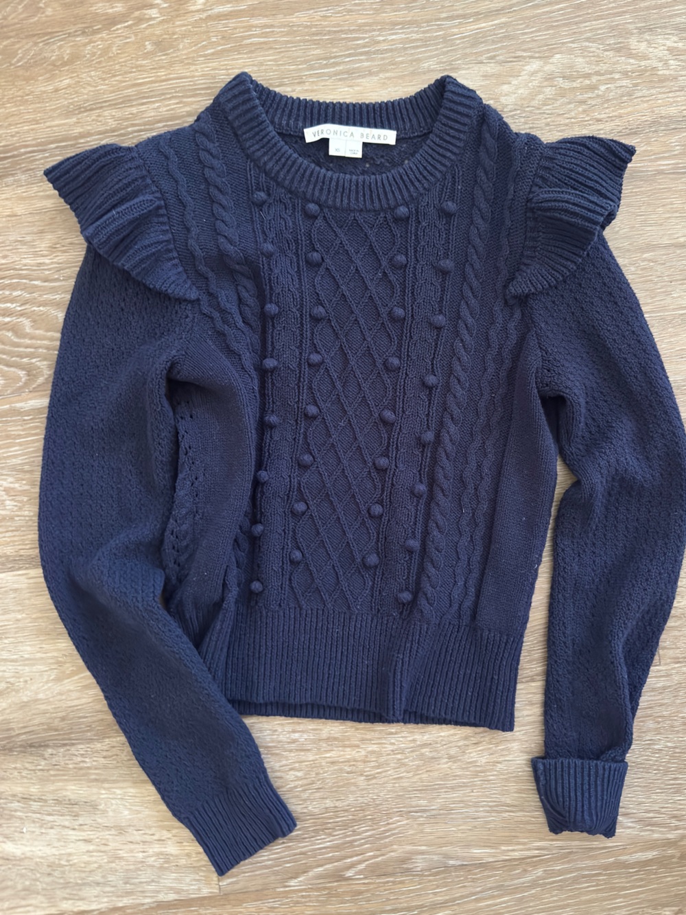 Veronica Beard Navy Pom-Pom Cable Knit Ruffled Shoulder Sweater